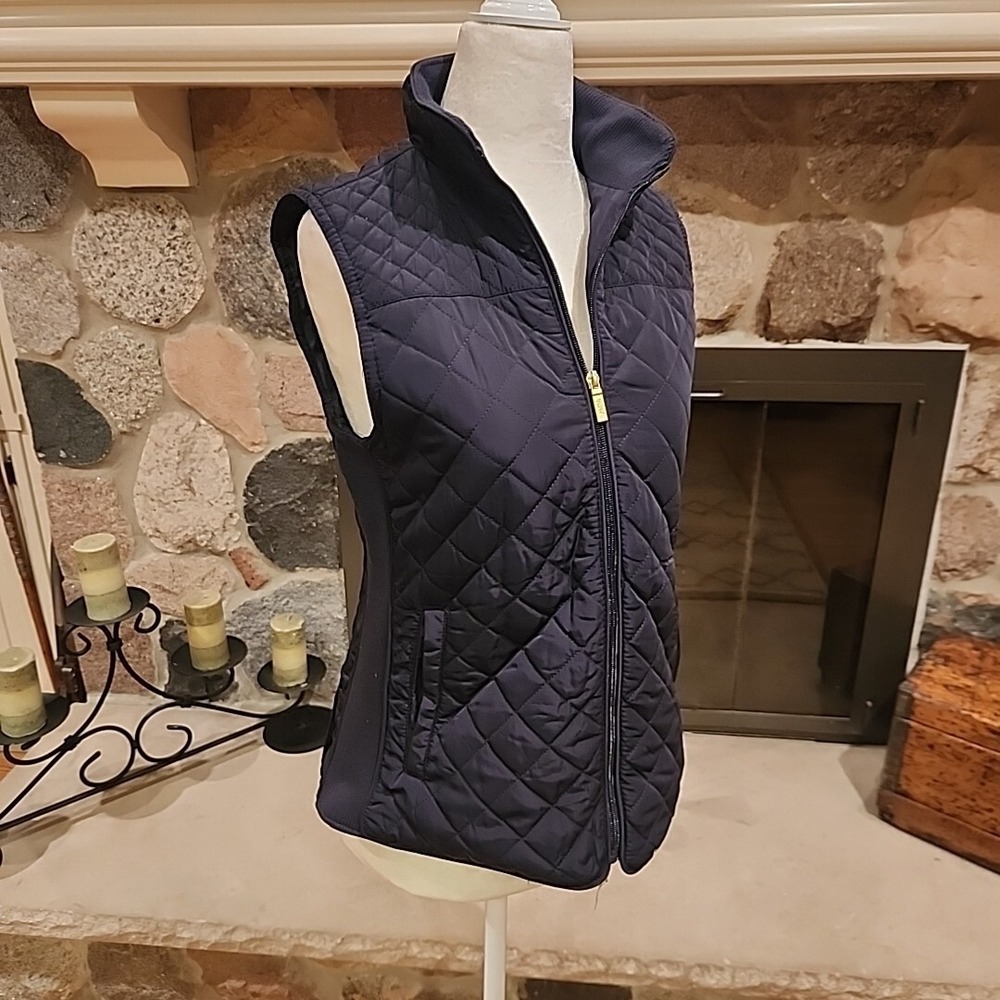 British Khaki Womens Quilted Vest Full Zip Small Blue Knit Insets Lined Pockets